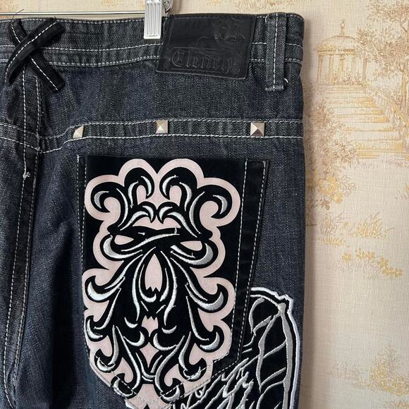Clench Other - Crazy Y2K Clench Wing Embrodered Black Baggy Pants Size 40x32”